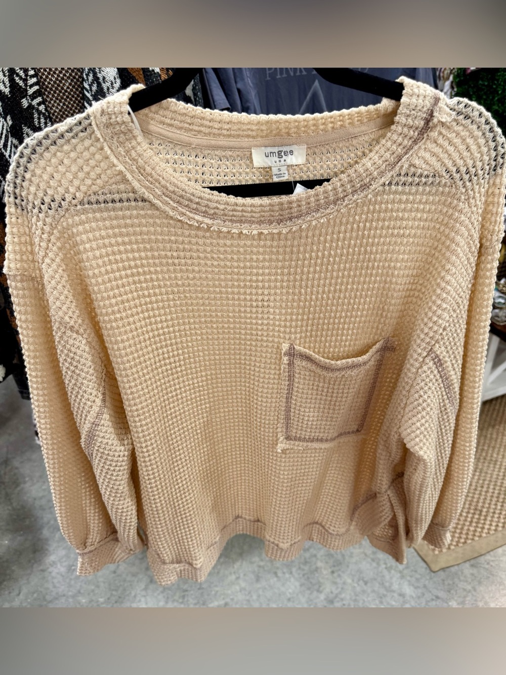 Umgee Cream Waffle Knit Pocket Crewneck Sweater